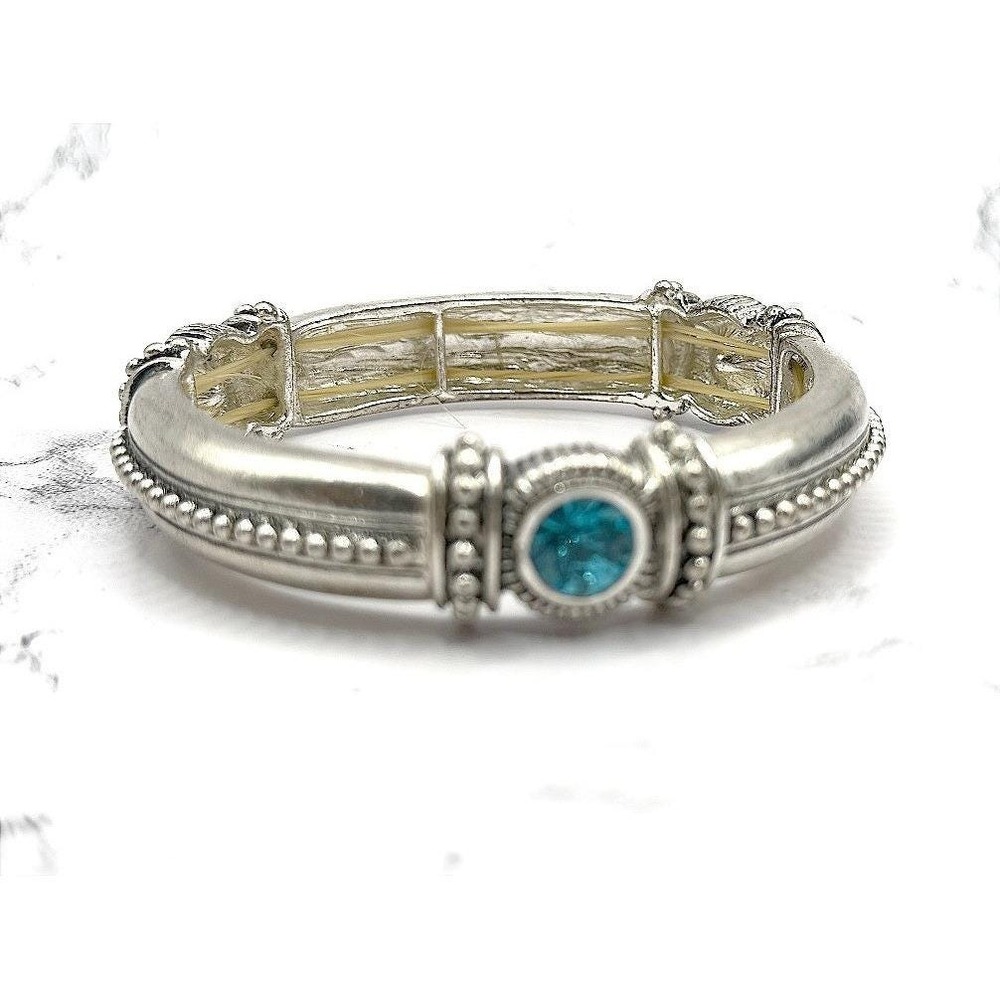 Vintage Silver Tone Stretch Bracelet Blue‎ Glass Stones Bali Style 9"